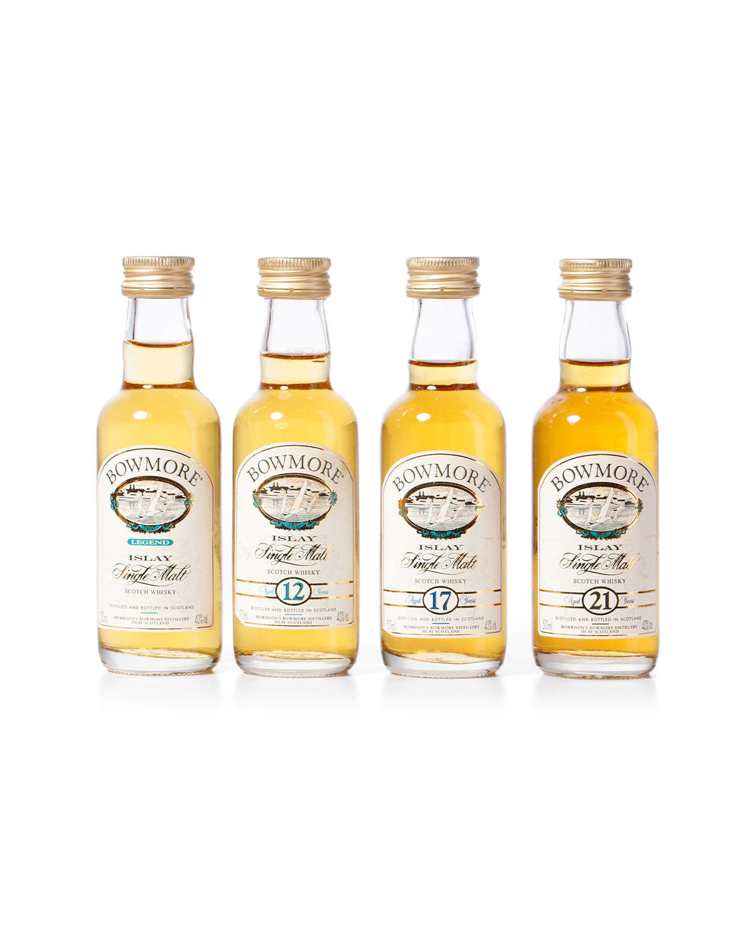 Bowmore 12, 17, 21 Year Olds & Legend 5cl Miniatures With Original Tube